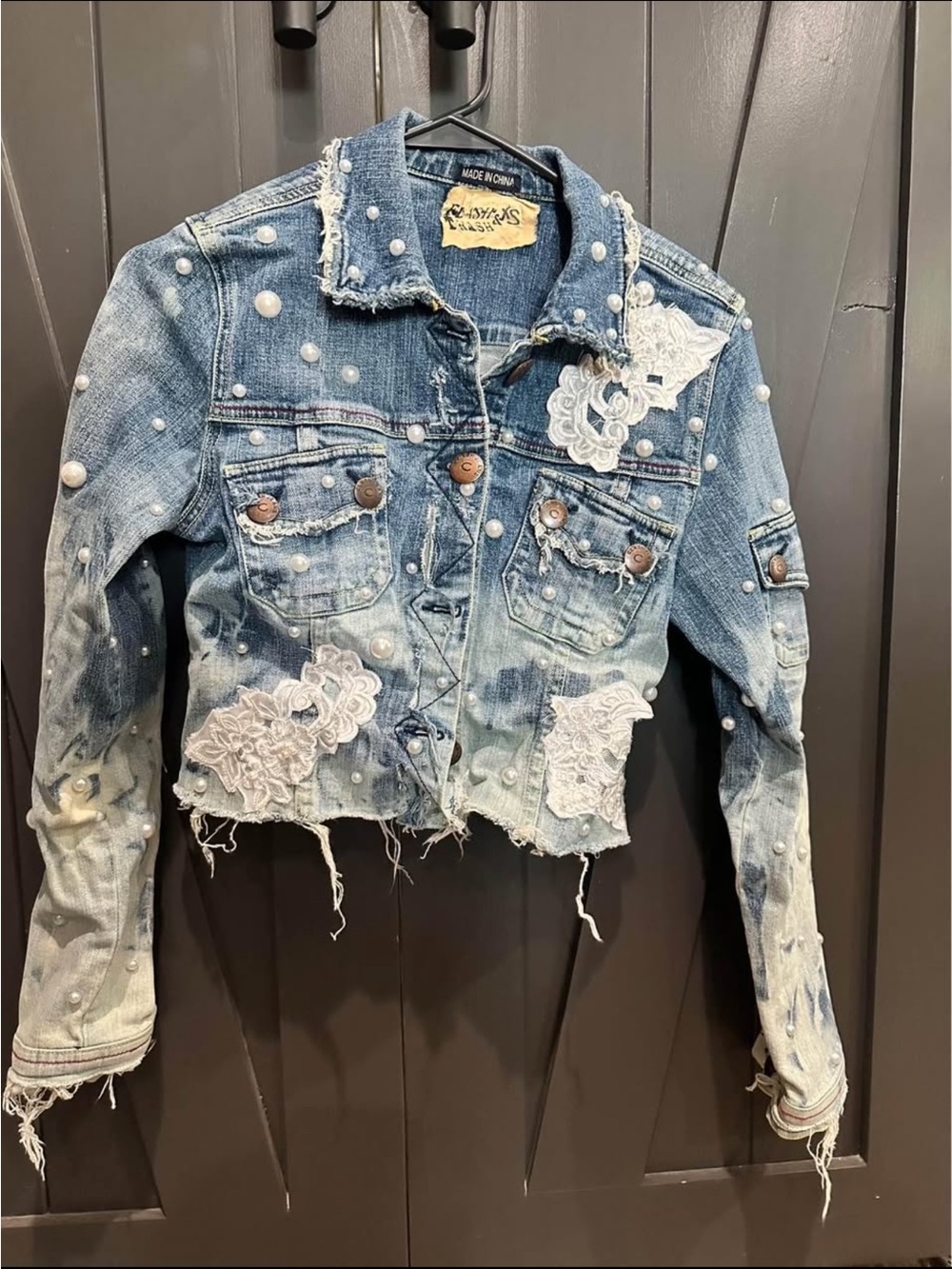 Distressed Pearl & Lace Denim Jacket - wedding, rehearsal dinner, bridals
